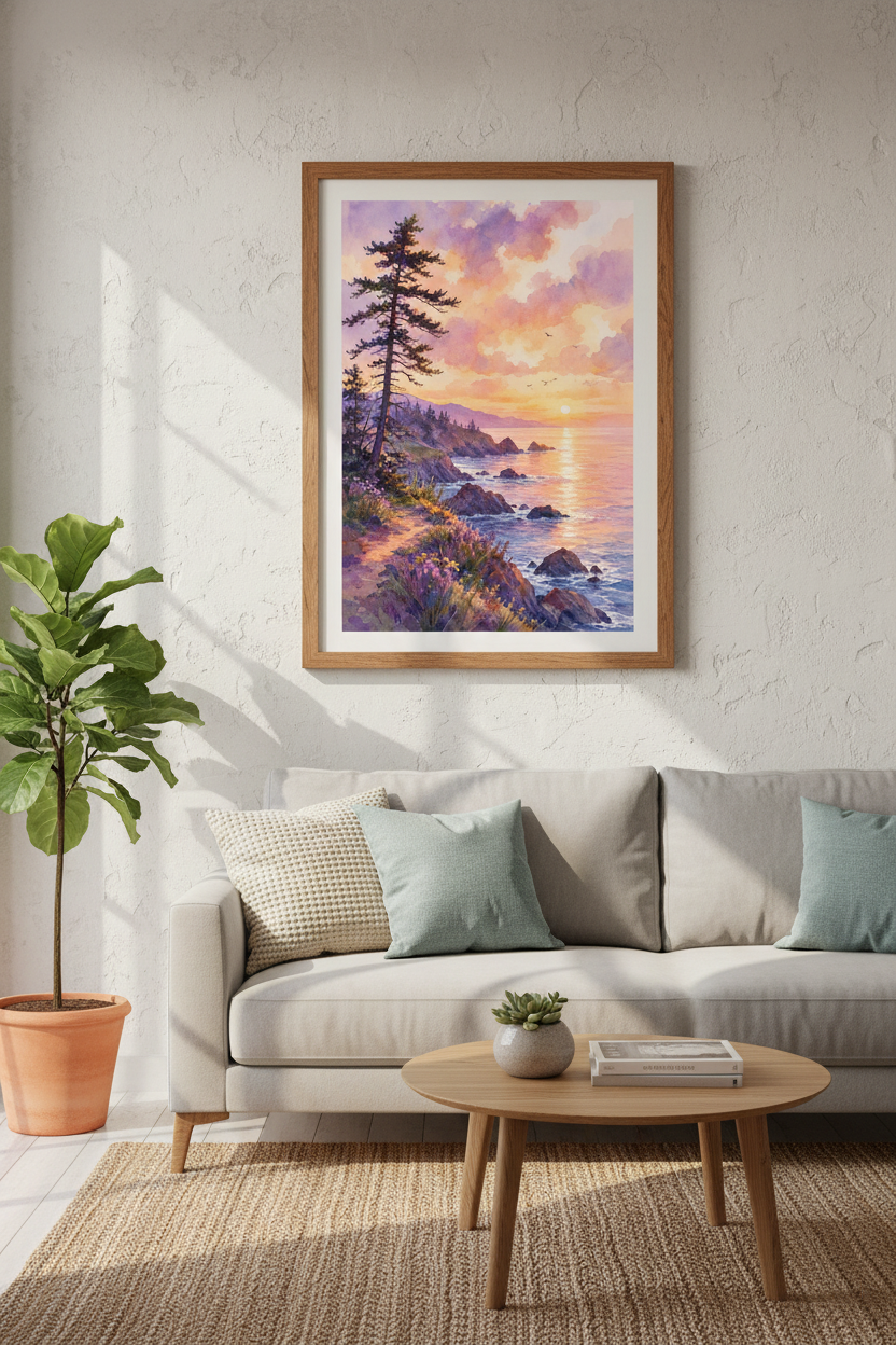 Coastal Sunset Landscape Art | Purple Watercolor Ocean Poster, Living Room Decor