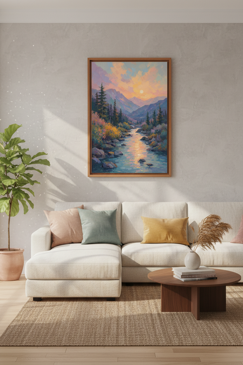 Mountain Landscape Wall Art | Sunset River Vista, Impressionist Nature Poster