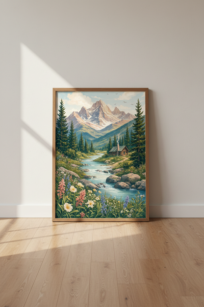 Mountain Cabin Landscape Wall Art | Painted Nature Poster | Rustic Room Decor