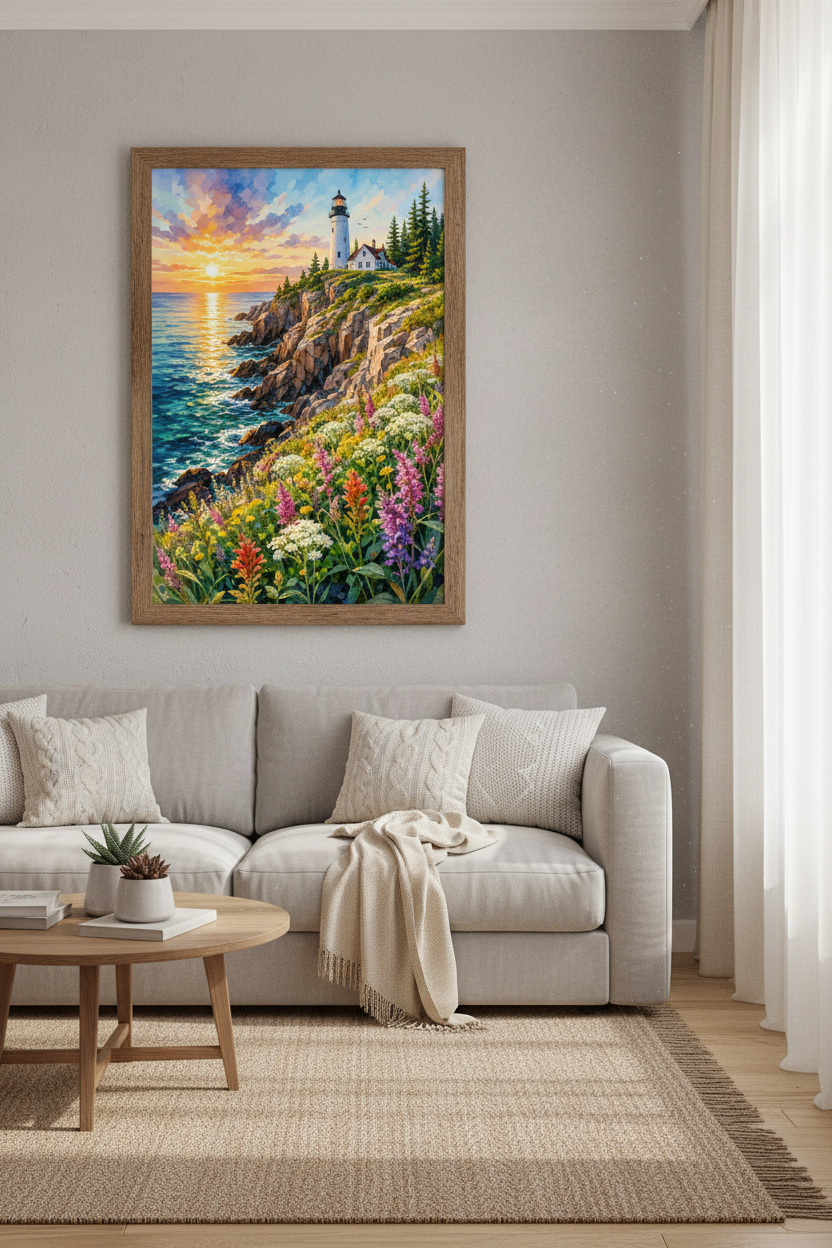 Watercolor Lighthouse Sunset Wall Art | Coastal Living Room Decor | Nautical Poster