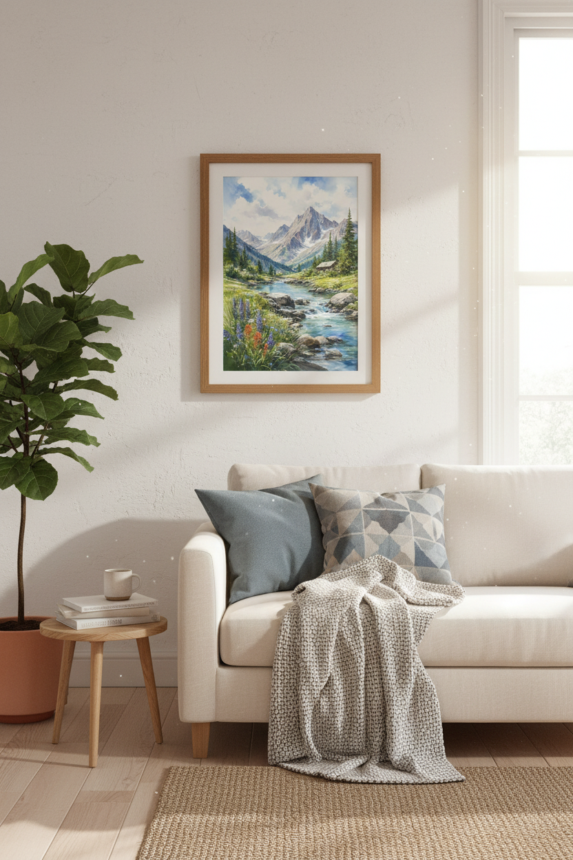 Mountain Landscape Watercolor Art | Nature Stream Cabin Poster, Rustic Home Decor