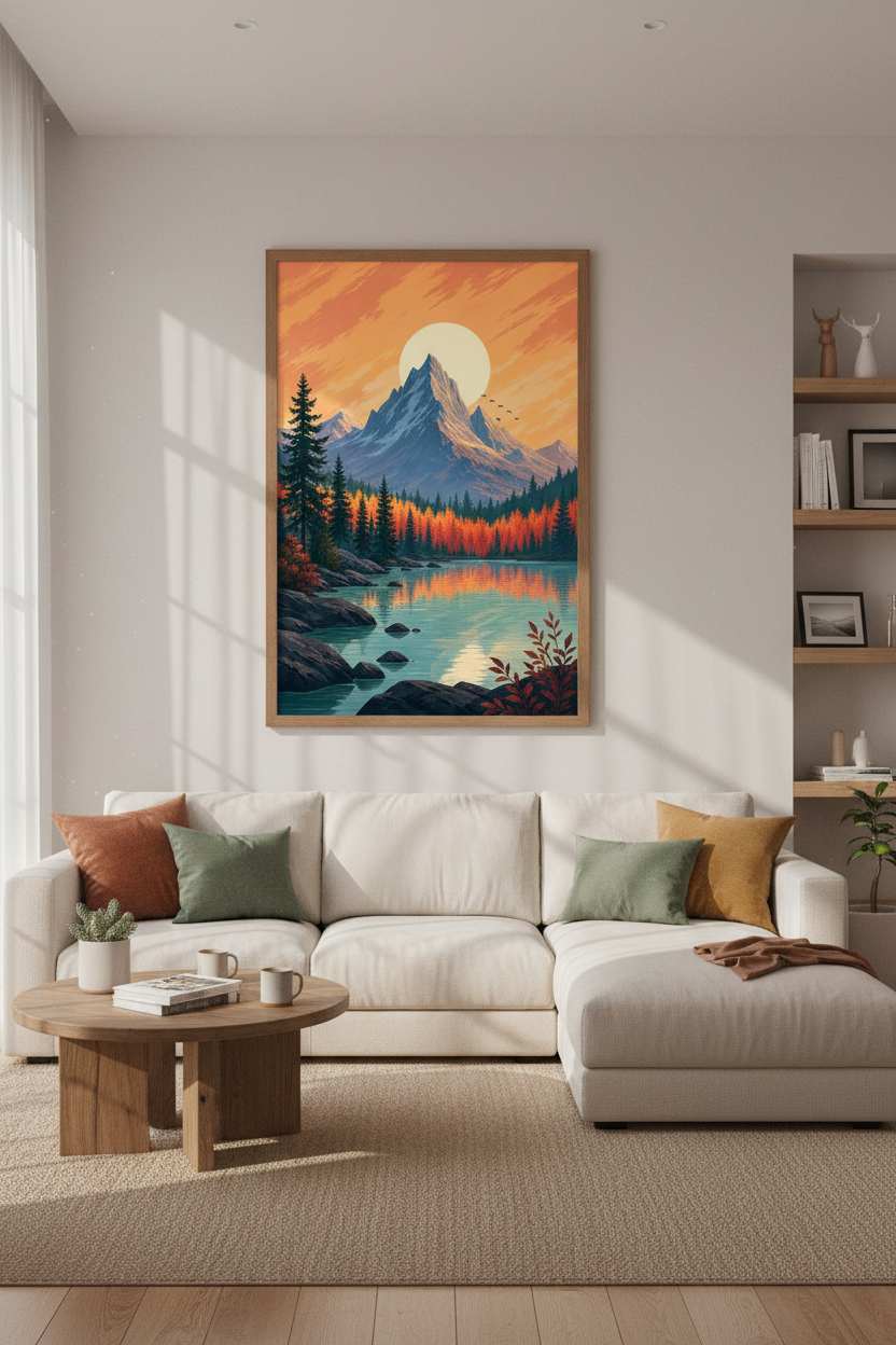 Mountain Lake Nature Wall Art | Retro Sunset Landscape Print, Modern Cabin Decor