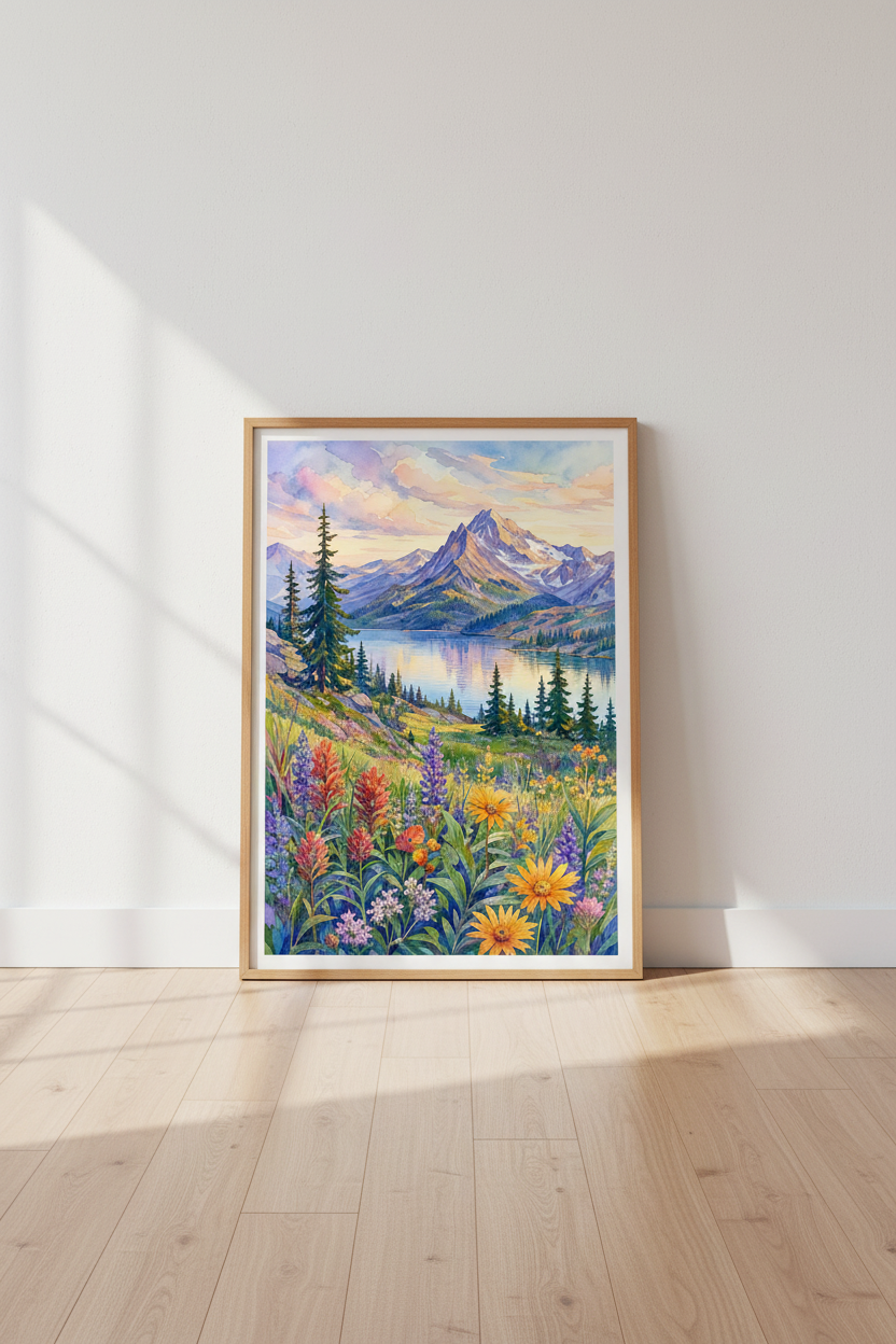 Mountain Wildflower Watercolor Landscape | Colorful Nature Poster, Living Room Wall Art