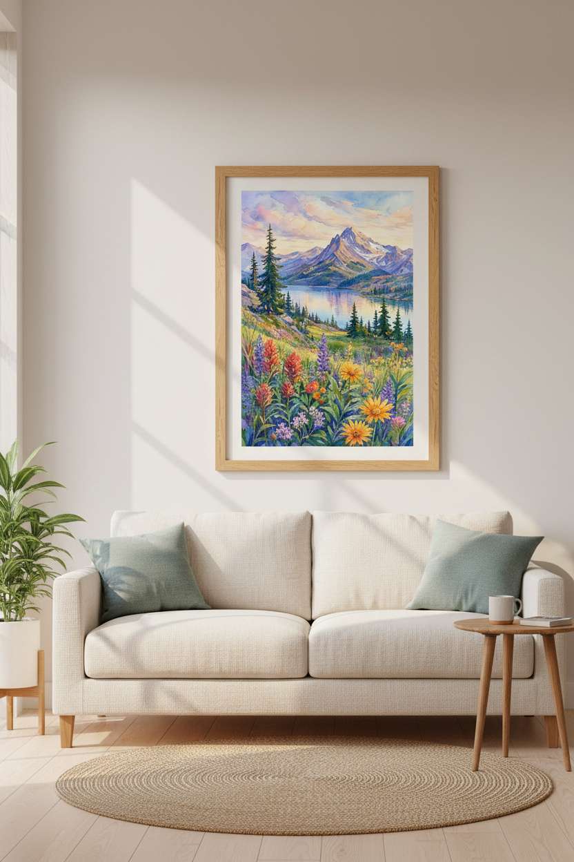 Mountain Wildflower Watercolor Landscape | Colorful Nature Poster, Living Room Wall Art