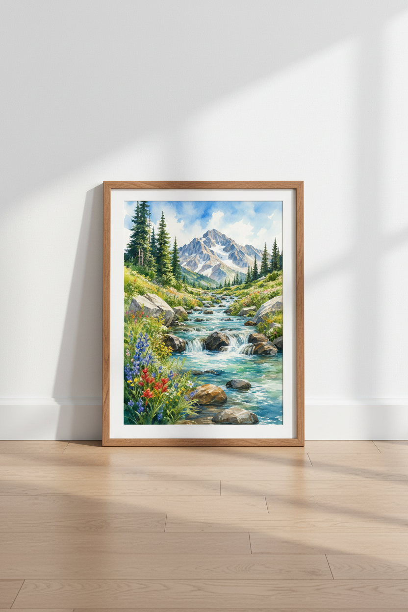 Mountain Landscape Watercolor Print | Nature River Scenery, Living Room Decor