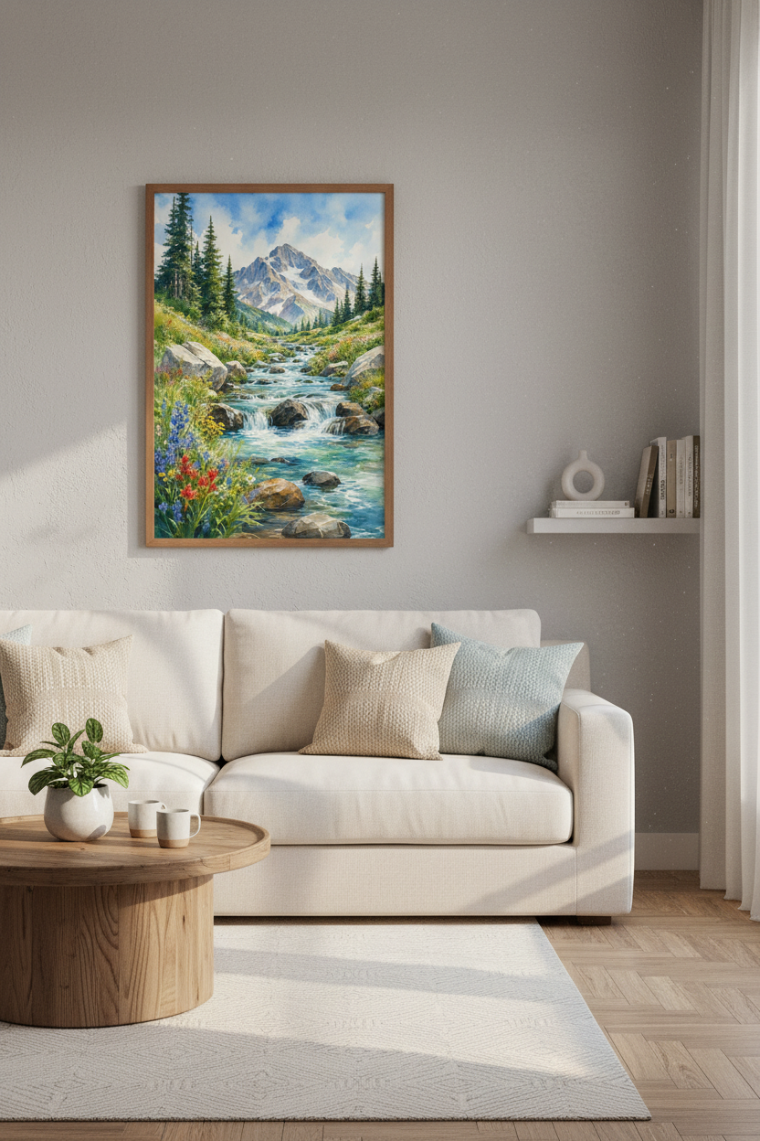 Mountain Landscape Watercolor Print | Nature River Scenery, Living Room Decor