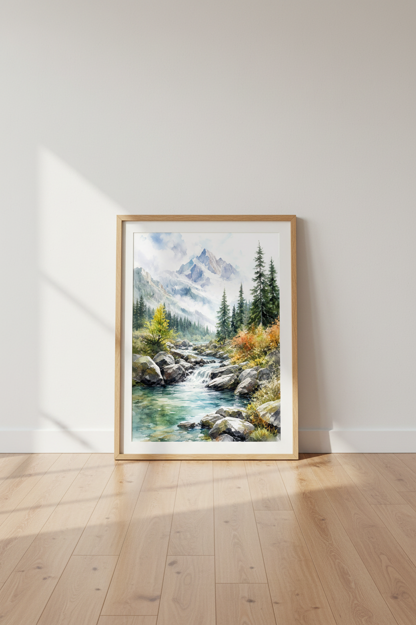 Mountain River Watercolor Art | Nature Landscape Poster, Living Room Decor