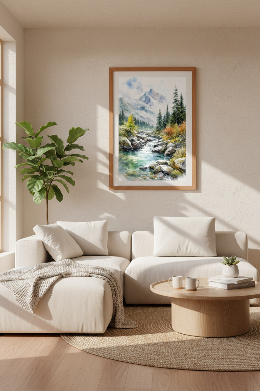 Mountain River Watercolor Art | Nature Landscape Poster, Living Room Decor