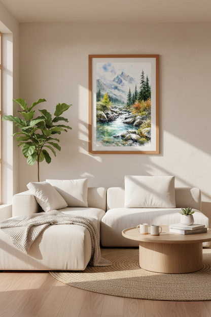 Mountain River Watercolor Art | Nature Landscape Poster, Living Room Decor