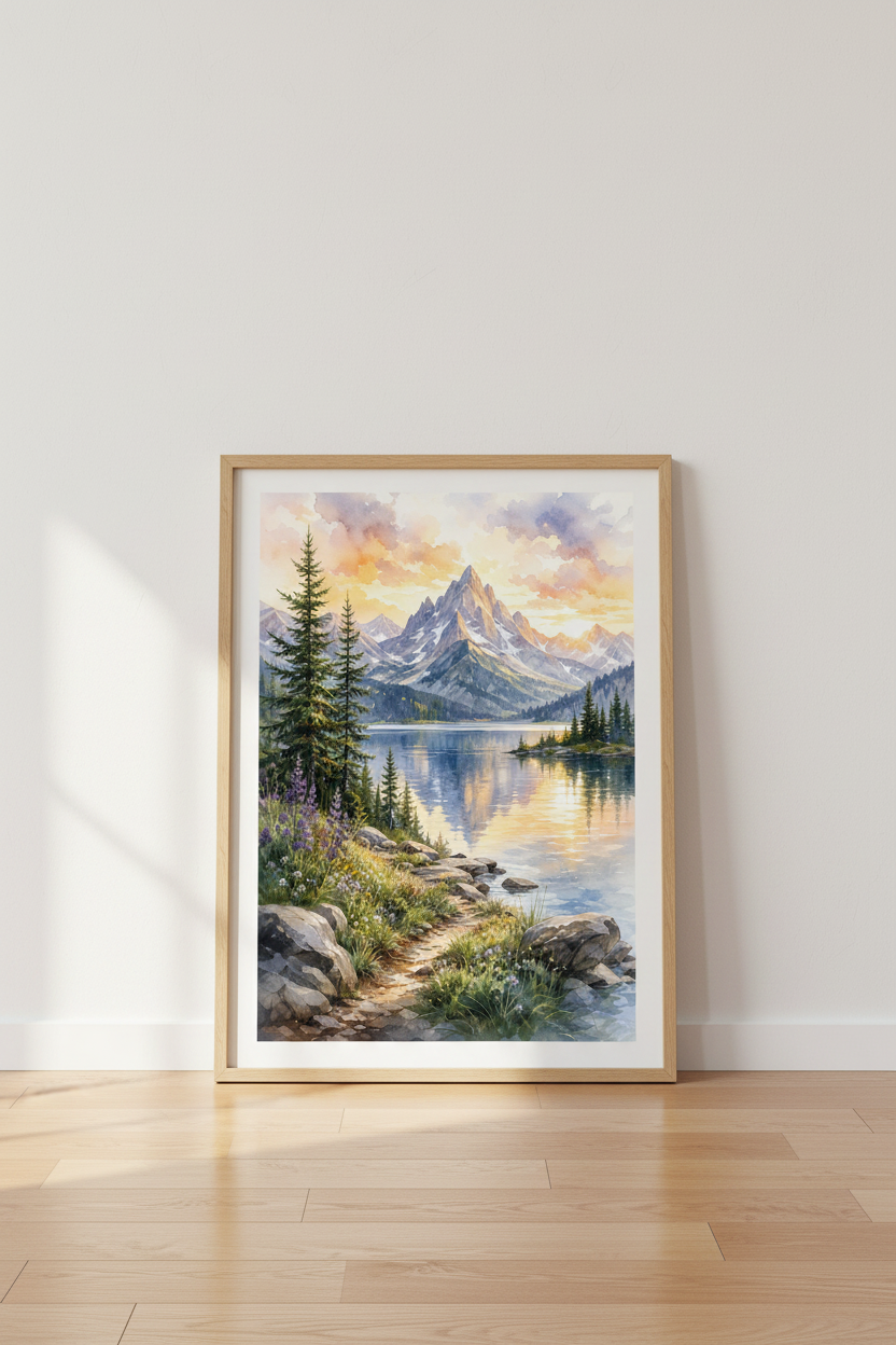 Mountain Lake Landscape | Watercolor Nature Print, Rustic Cabin Wall Art Decor