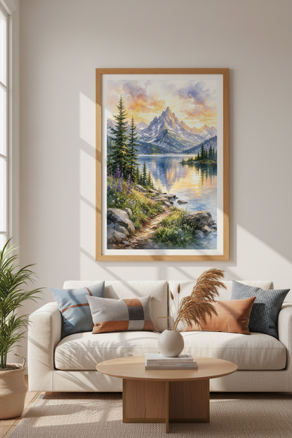 Mountain Lake Landscape | Watercolor Nature Print, Rustic Cabin Wall Art Decor