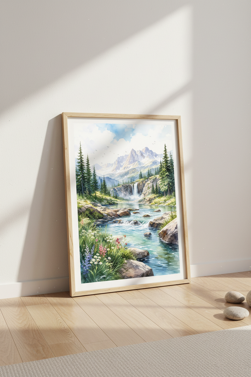 Mountain Waterfall Watercolor Landscape | Blue Nature Wall Art, Living Room Print