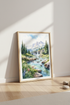 Mountain Waterfall Watercolor Landscape | Blue Nature Wall Art, Living Room Print