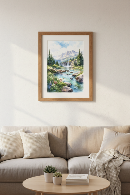Mountain Waterfall Watercolor Landscape | Blue Nature Wall Art, Living Room Print