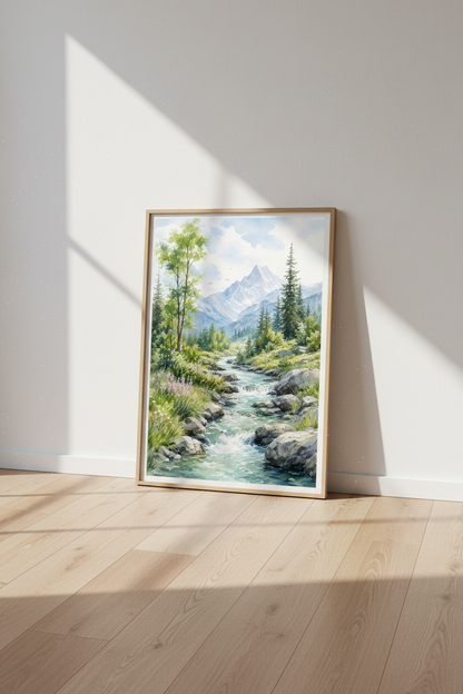 Mountain Landscape Watercolor Print | Nature Stream Wall Art | Alpine Forest Poster