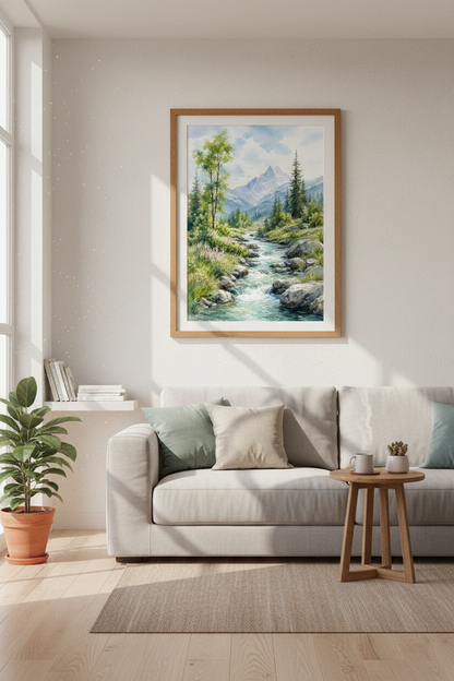 Mountain Landscape Watercolor Print | Nature Stream Wall Art | Alpine Forest Poster