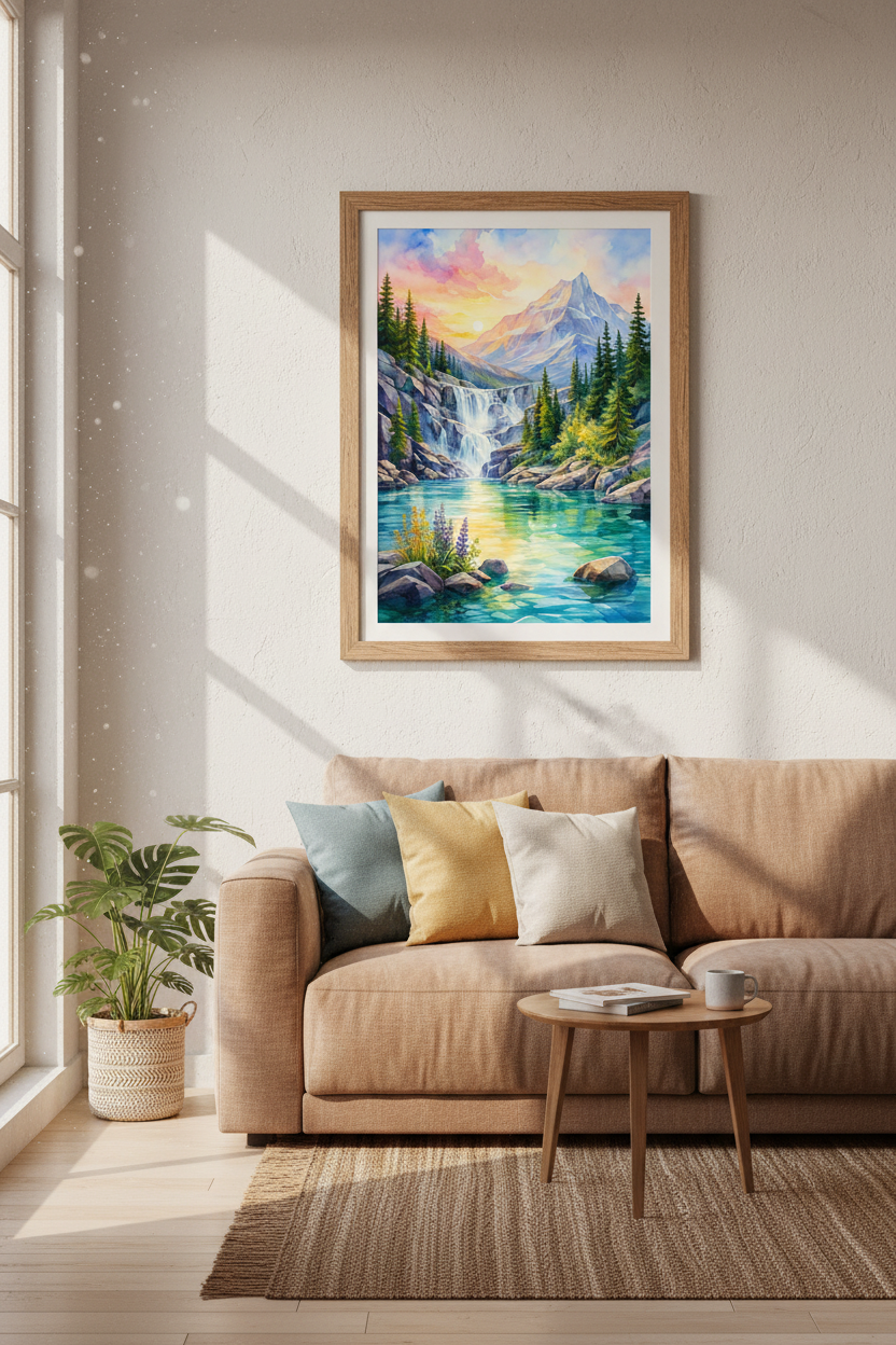 Mountain Landscape Watercolor Art Print | Living Room Decor | Pastel Nature Poster