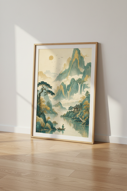 Japanese Landscape Mountain Wall Art Print | Zen Home Decor | Teal Gold Poster