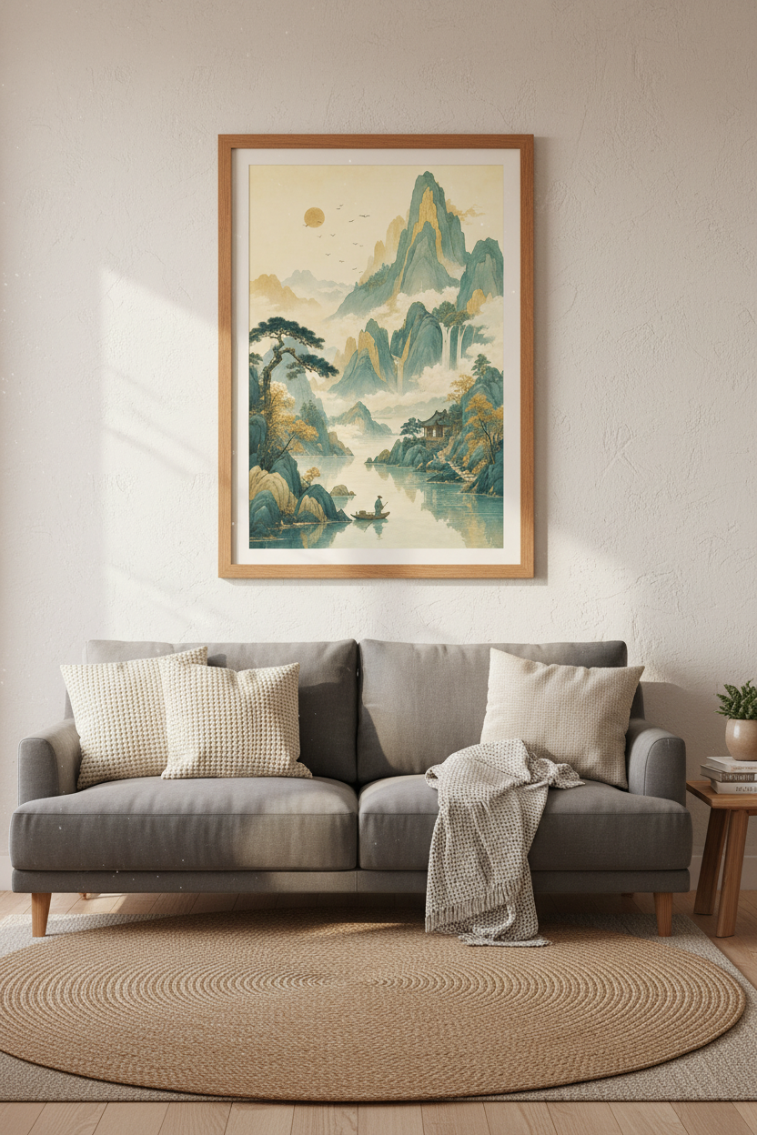 Japanese Landscape Mountain Wall Art Print | Zen Home Decor | Teal Gold Poster