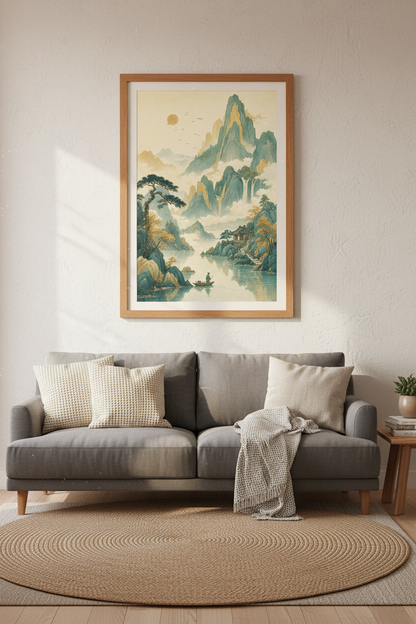 Japanese Landscape Mountain Wall Art Print | Zen Home Decor | Teal Gold Poster