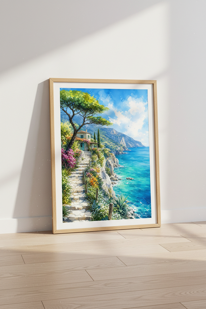Amalfi Coast Watercolor | Mediterranean Landscape Art, Coastal Home Decor