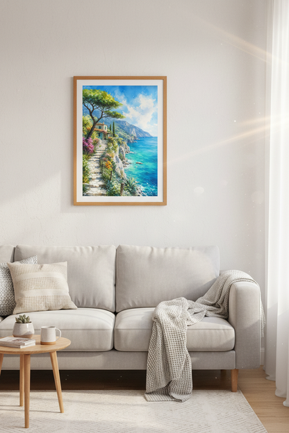 Amalfi Coast Watercolor | Mediterranean Landscape Art, Coastal Home Decor