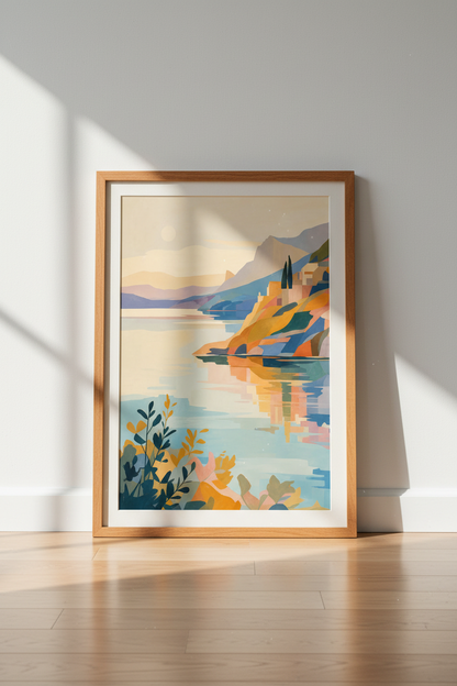 Mediterranean Coastal Landscape | Abstract Blue &amp; Gold, Minimalist Living Room Decor