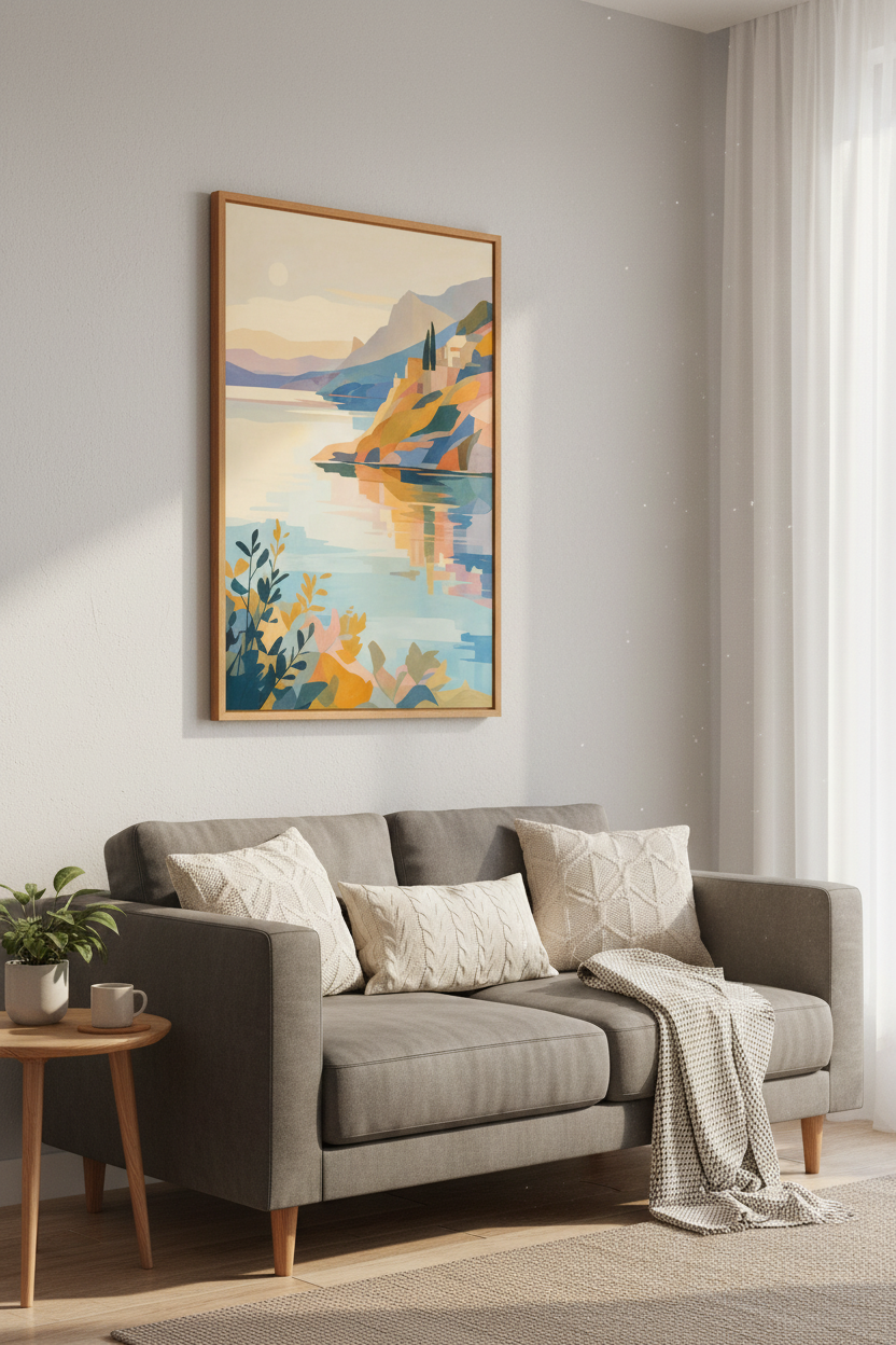 Mediterranean Coastal Landscape | Abstract Blue &amp; Gold, Minimalist Living Room Decor