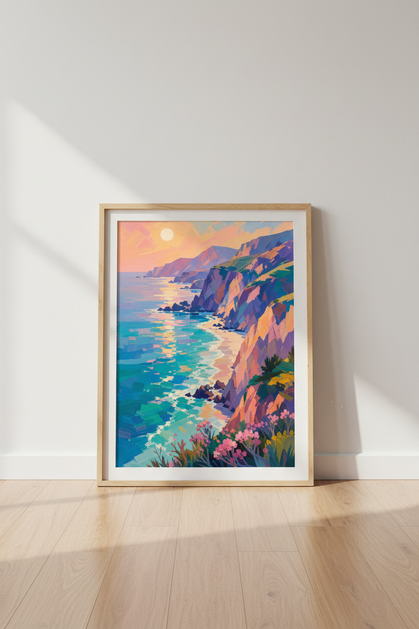 Coastal Cliff Sunset Wall Art | Impressionist Pastel Ocean Print, Beach House Decor