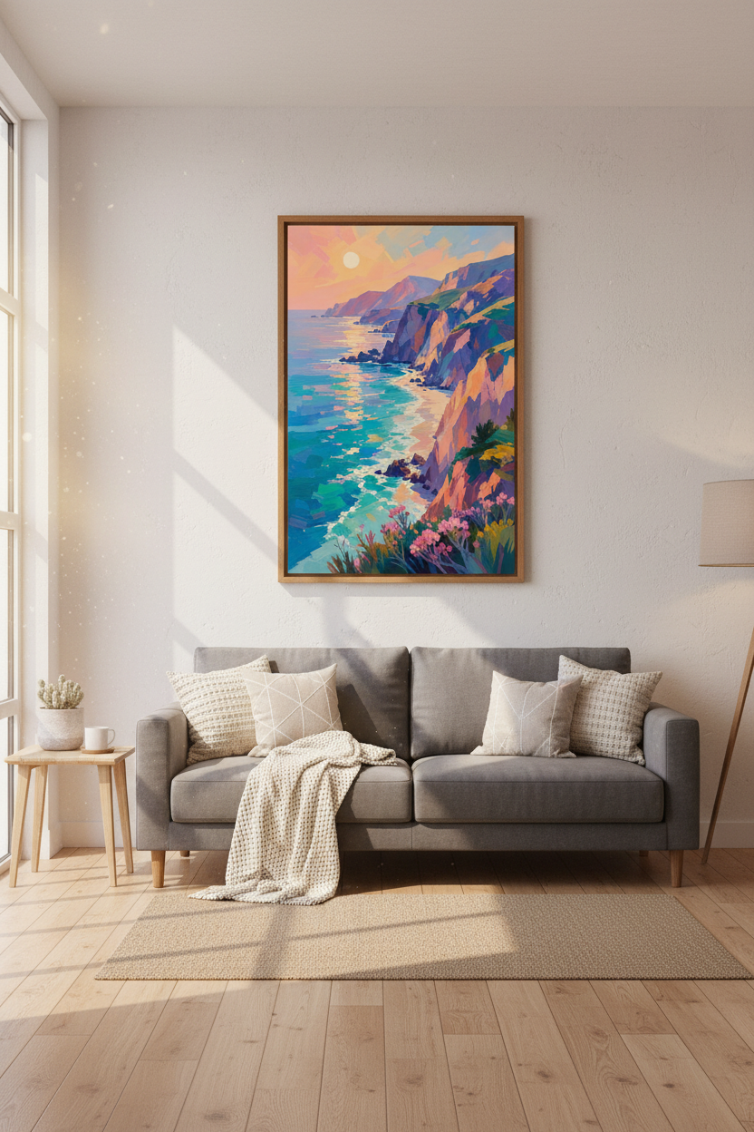 Coastal Cliff Sunset Wall Art | Impressionist Pastel Ocean Print, Beach House Decor
