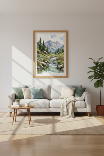 Mountain Cabin Watercolor Wall Art | Nature Landscape Decor | Rustic Lodge Poster