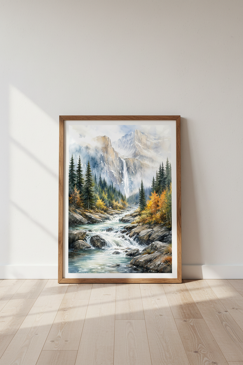 Mountain Waterfall Watercolor Art | Nature Landscape Print, Living Room Decor