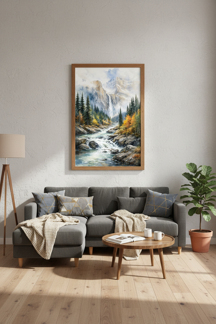 Mountain Waterfall Watercolor Art | Nature Landscape Print, Living Room Decor