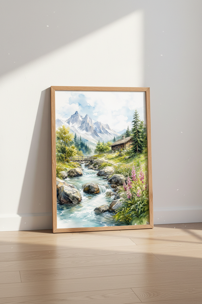 Mountain Landscape Watercolor | Rustic Cabin &amp; Stream Poster, Living Room Art