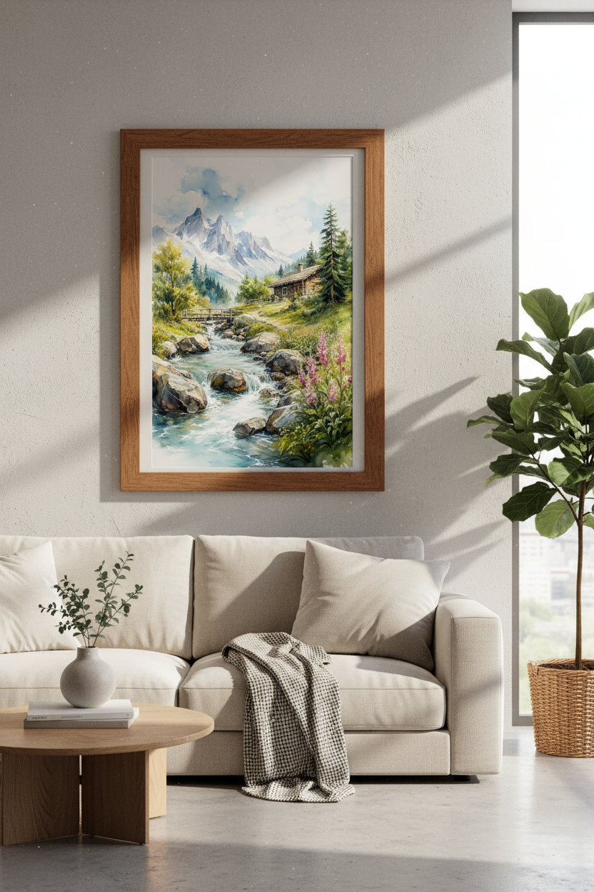 Mountain Landscape Watercolor | Rustic Cabin &amp; Stream Poster, Living Room Art