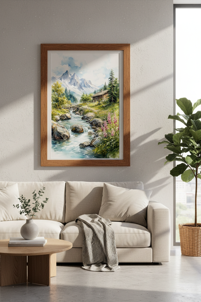 Mountain Landscape Watercolor | Rustic Cabin &amp; Stream Poster, Living Room Art