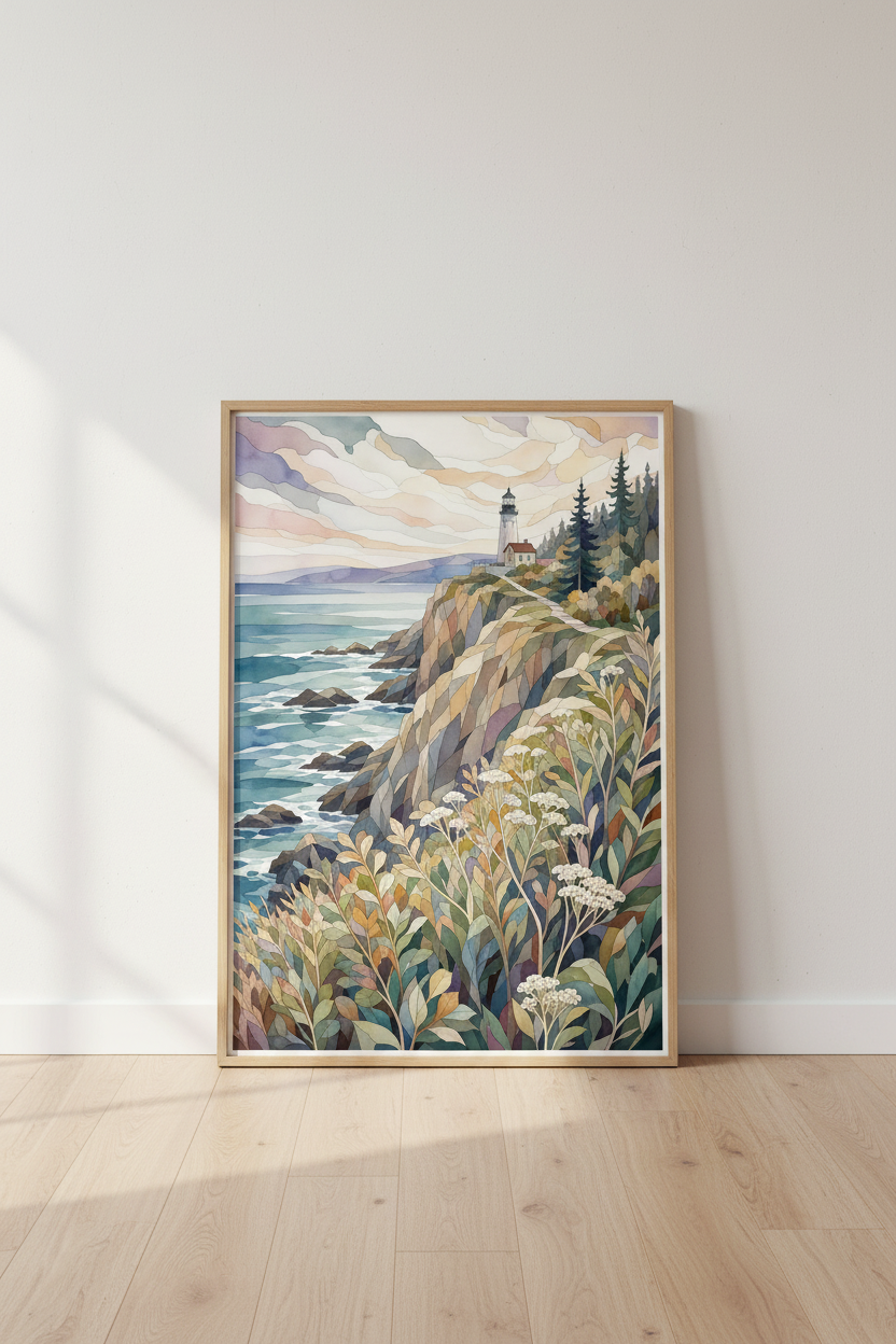 Lighthouse Landscape Watercolor Print | Coastal Home Decor | Soft Pastel Poster
