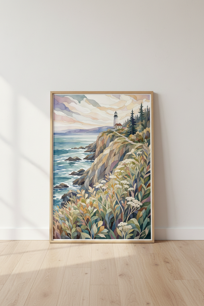 Lighthouse Landscape Watercolor Print | Coastal Home Decor | Soft Pastel Poster