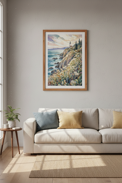 Lighthouse Landscape Watercolor Print | Coastal Home Decor | Soft Pastel Poster