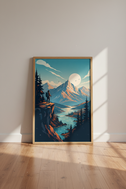 Mountain Hiker Wall Art | Modern Nature Landscape, Adventure Office Decor