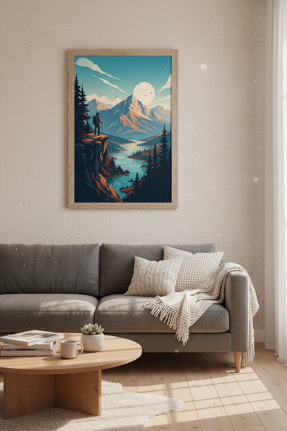 Mountain Hiker Wall Art | Modern Nature Landscape, Adventure Office Decor