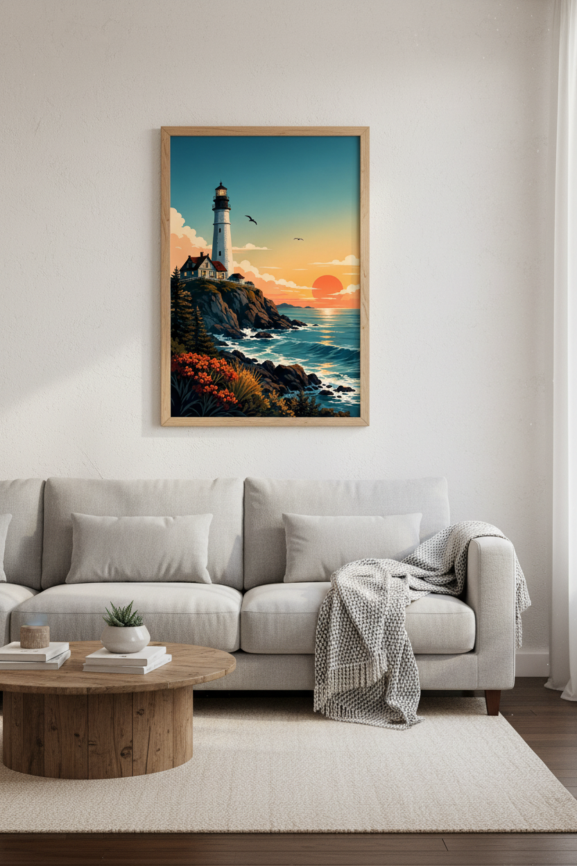 Lighthouse Sunset Wall Art | Coastal Landscape Decor | Nautical Ocean Poster