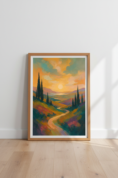 Tuscany Sunset Landscape Wall Art | Colorful Impressionist Poster, Living Room Decor