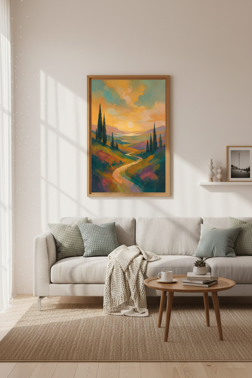 Tuscany Sunset Landscape Wall Art | Colorful Impressionist Poster, Living Room Decor