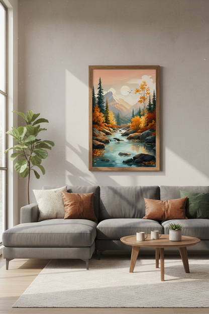 Autumn Mountain River Wall Art | Nature Landscape Decor | Modern Fall Poster