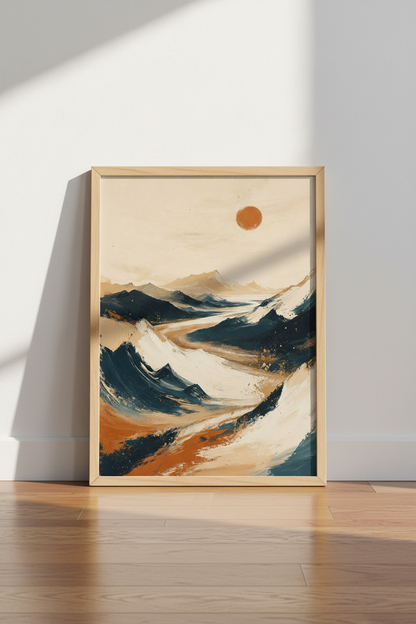 Abstract Mountain Sun Wall Art | Terracotta &amp; Navy Landscape, Living Room Decor