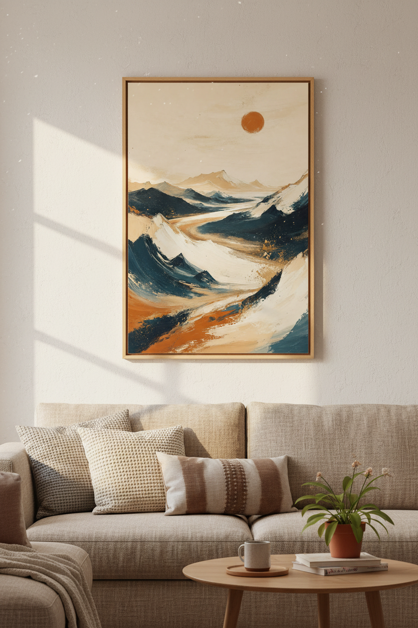 Abstract Mountain Sun Wall Art | Terracotta &amp; Navy Landscape, Living Room Decor