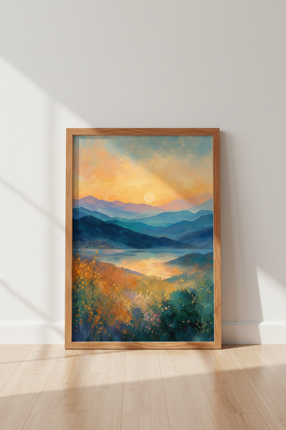 Abstract Mountain Lake Sunset Wall Art | Blue &amp; Gold Landscape | Nature Decor Poster