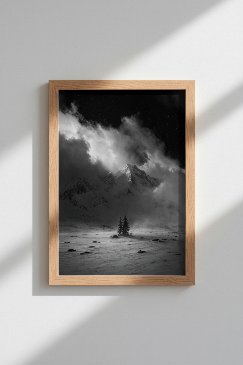 Mountain Wall Art | Moody Mono Peak, B&amp;W Decor | Living Room