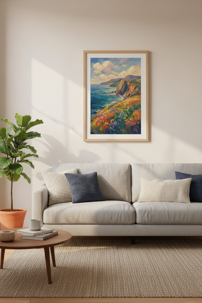 California Coastal Cliff Wall Art | Impressionist Landscape, Ocean View Poster
